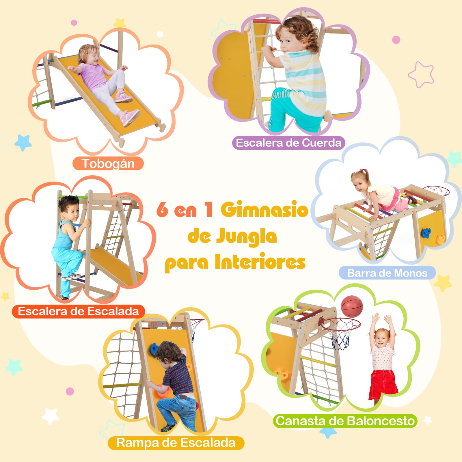 COSTWAY Gimnasio Infantil para Interior 6 en 1, Parque Infantil de Madera Montessori para Escalar con Tobogán, Escalada, Aro de Baloncesto, Barras de Mono, Red de Cuerda, Escalera (Multicolor)
