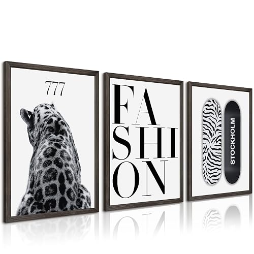 Trendy Leopard Wall Art Black White Cheetah Wall Decor Fashion Aesthetic Canvas Posters Preppy Stockholm Prints Stylish Cheetah Pictures Y2k Painting for Bedroom 12x16 Inch Framed Set of 3