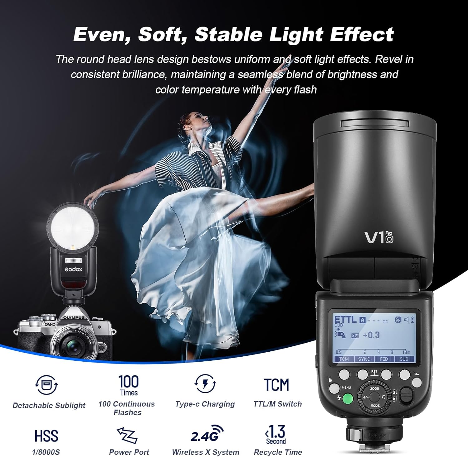 Godox V1Pro-F V1Pro F Shot Flash for Fuji TTL Round Head Camera Speedlite 76Ws 2.4G X Wireless HSS 1/8000s 2980mAh Lithium Battery LED Modeling Lamp Detachable Sub Flash SU-1(USA Version)