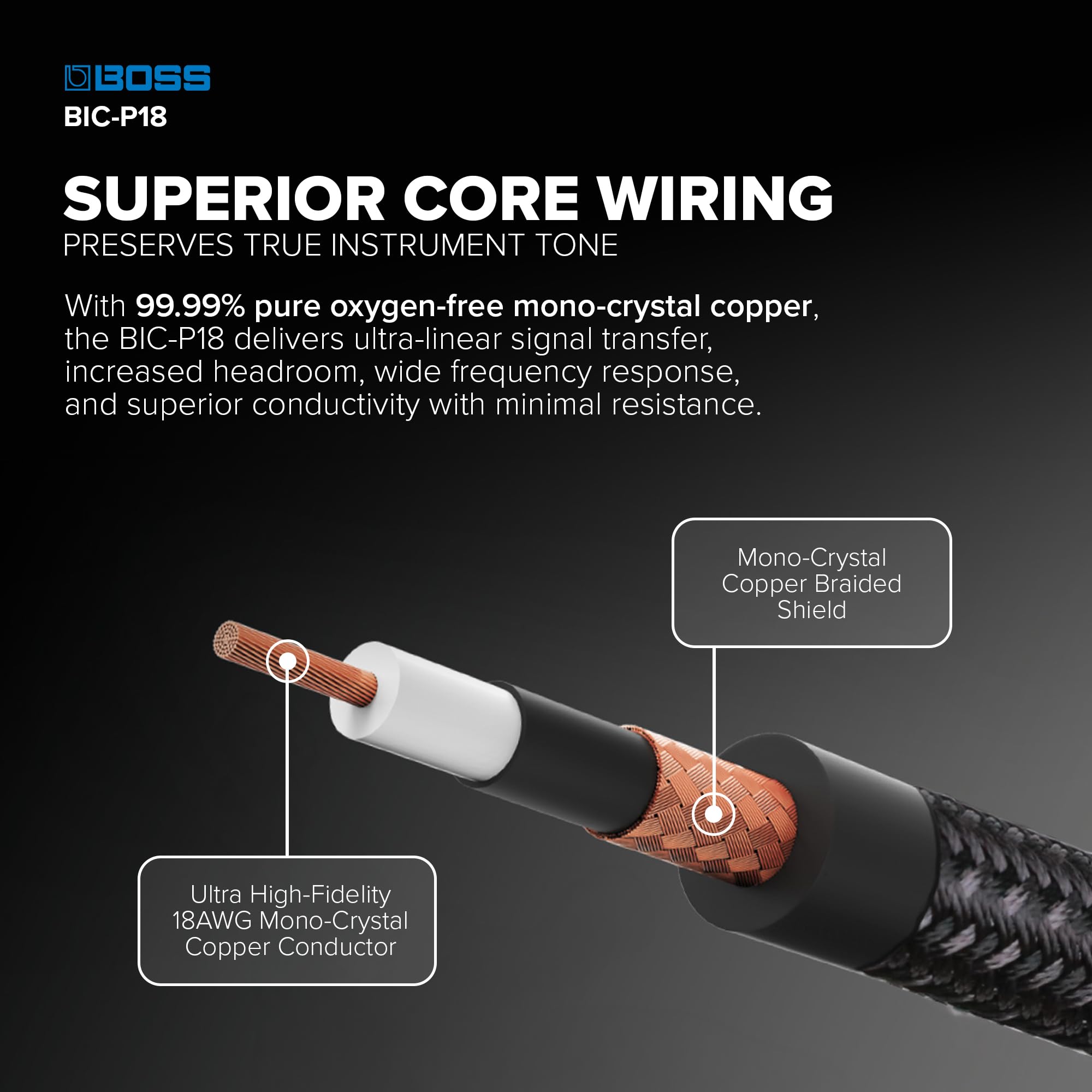 Cavo per Strumenti ad Altissima-Fedeltà BOSS BIC-P18 – 18ft / 5.5m – Spine Dritte da 1/4" con Connettori Placcati in Oro 24K – Per un suono superiore dalla vostra chitarra o basso
