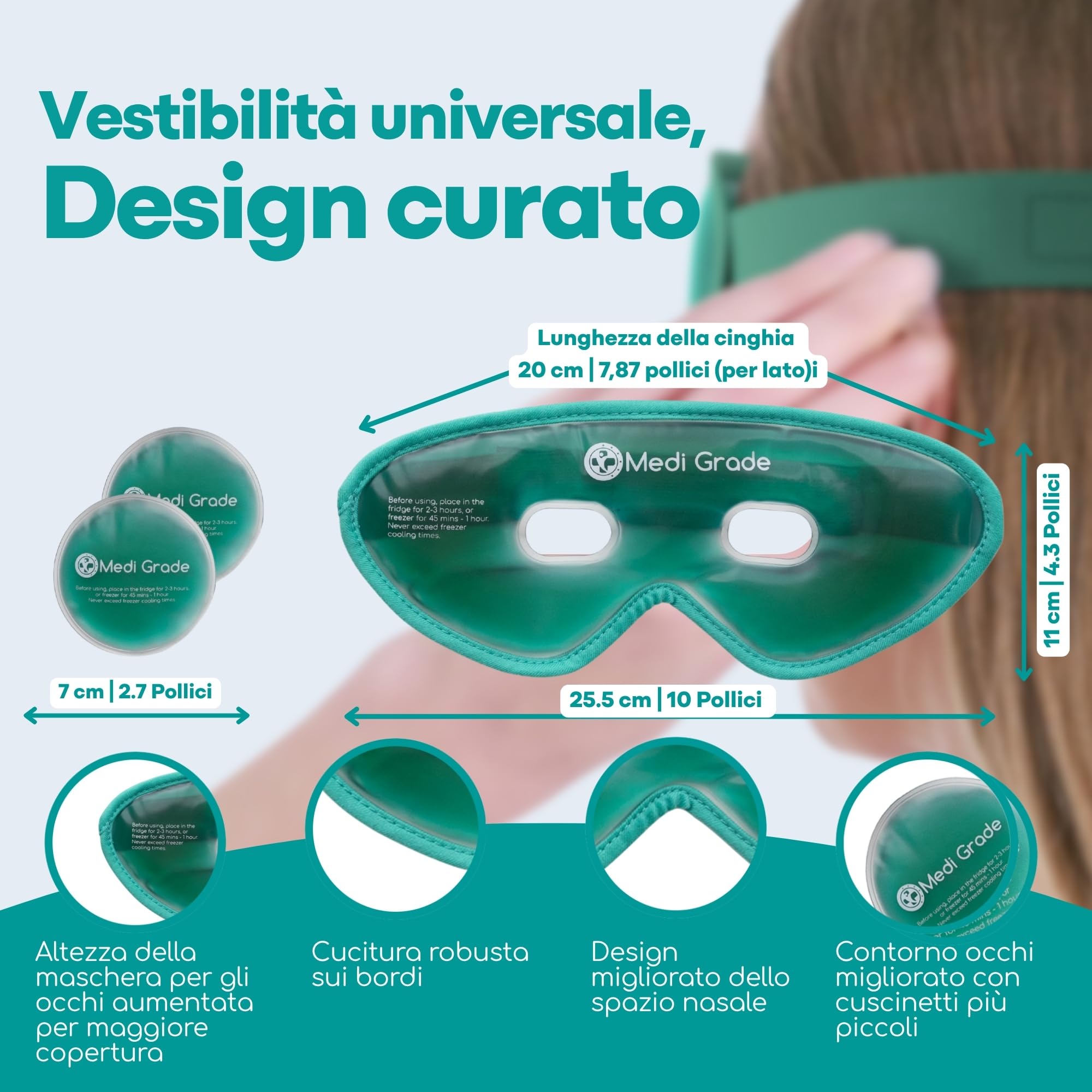 Medi Grade Maschera Occhi Gel Freddo - Riutilizzabile con 2 Cuscinetti Rinfrescanti, 1 tessuto Lycra e Borsa Termica - Mascherina Refrigerante con Strap Regolabili