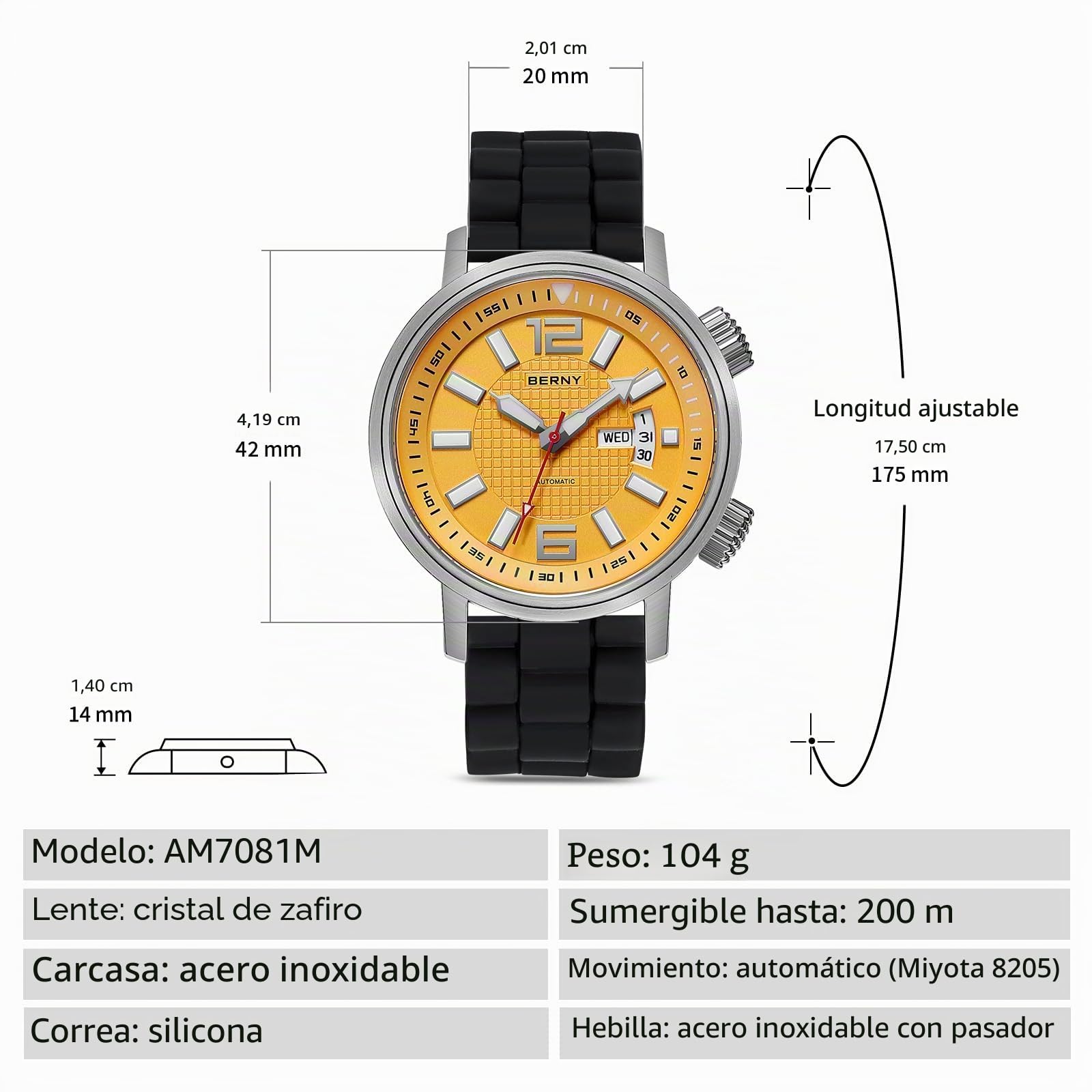 BERNY Reloj Automático para Hombres Reloj De Buceo Automático con Correa De Silicona Suave Relojes De Pulsera Resistente Al Agua 20ATM Cristal De Zafiro Resistente A Los Arañazos Super Luminoso