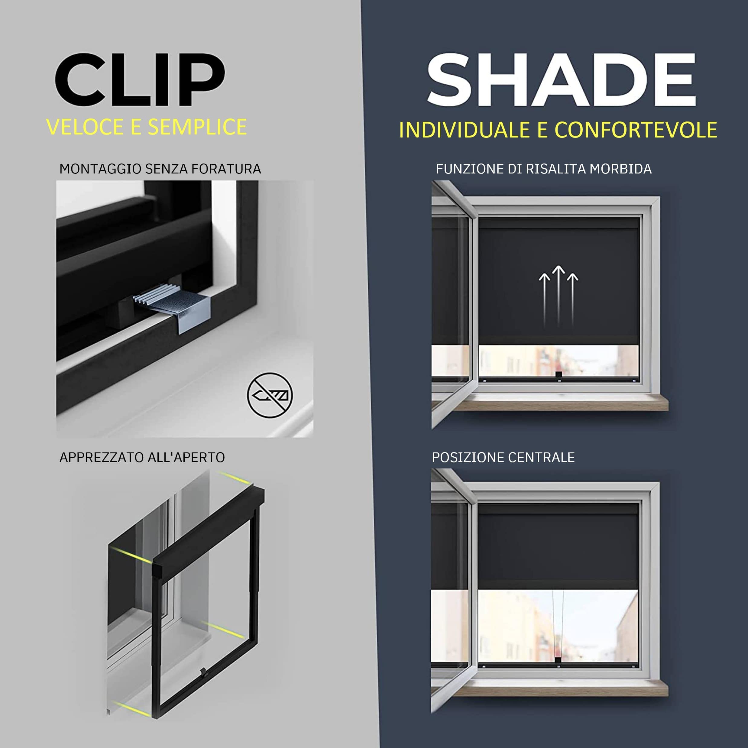 CLIP'N'SHADE Grigio - Tenda a rullo esterna contro il calore, tende, protezione della privacy e oscuramento per finestre, tenda a rullo di protezione contro il calore senza perforazione