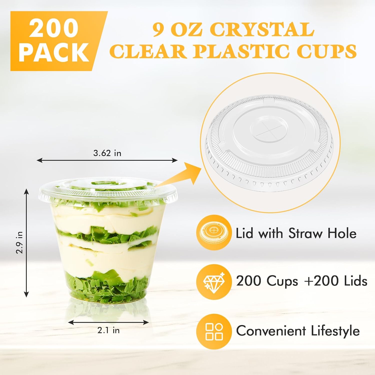 Vplus 200 Pack 9 OZ PET Plastic Cups with Flat Lids, Crystal Disposable Plastic Cups For Parfait, Fruit, Desserts, Snacks, Yogurt, and Jelly