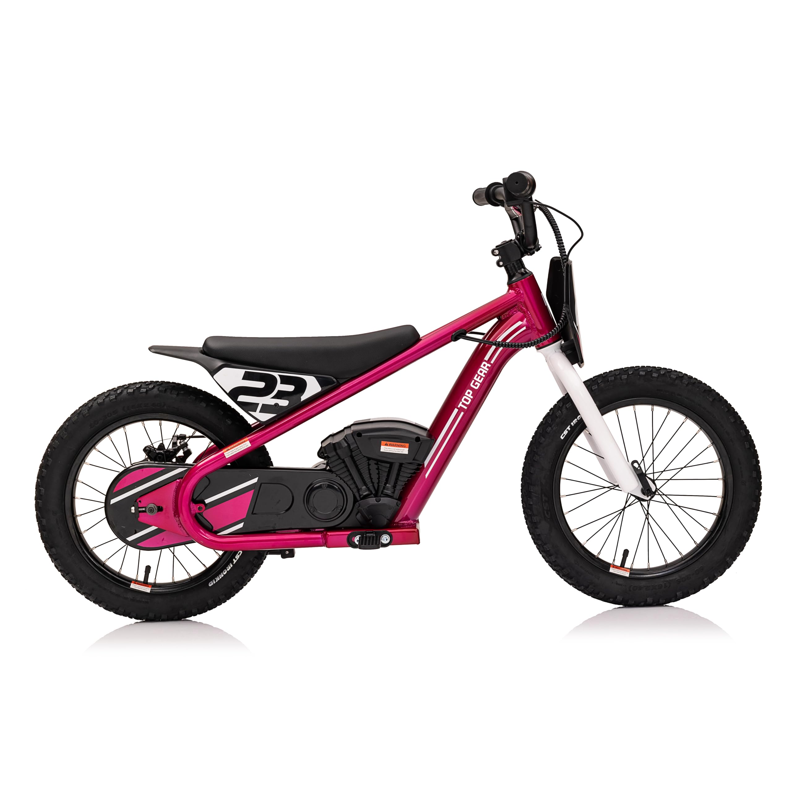 Top Gear TG75 Dirt Rocket electric-powered dirt bike with authentic motocross geometry, rear-wheel drive, high-torque, chain-driven motor, for kids 6+