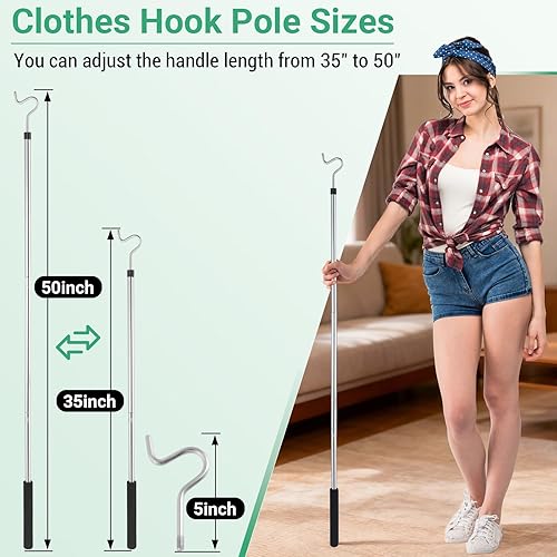 Miniatura 2 de Greeily Poste de gancho para ropa, gancho de alto alcance para colgar ropa, luz y plantas extensibles de 35 a 50 pulgadas, hecho de tubo de acero