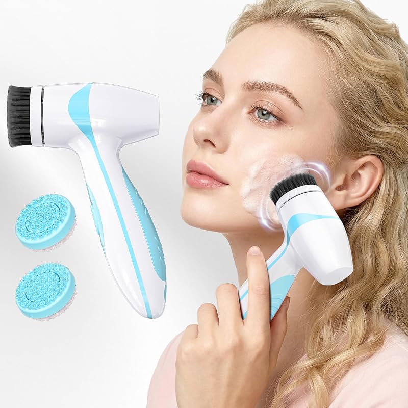 Escova elétrica recarregável para limpeza facial AuraBea com rotação bidirecional e 3 cabeças, azul