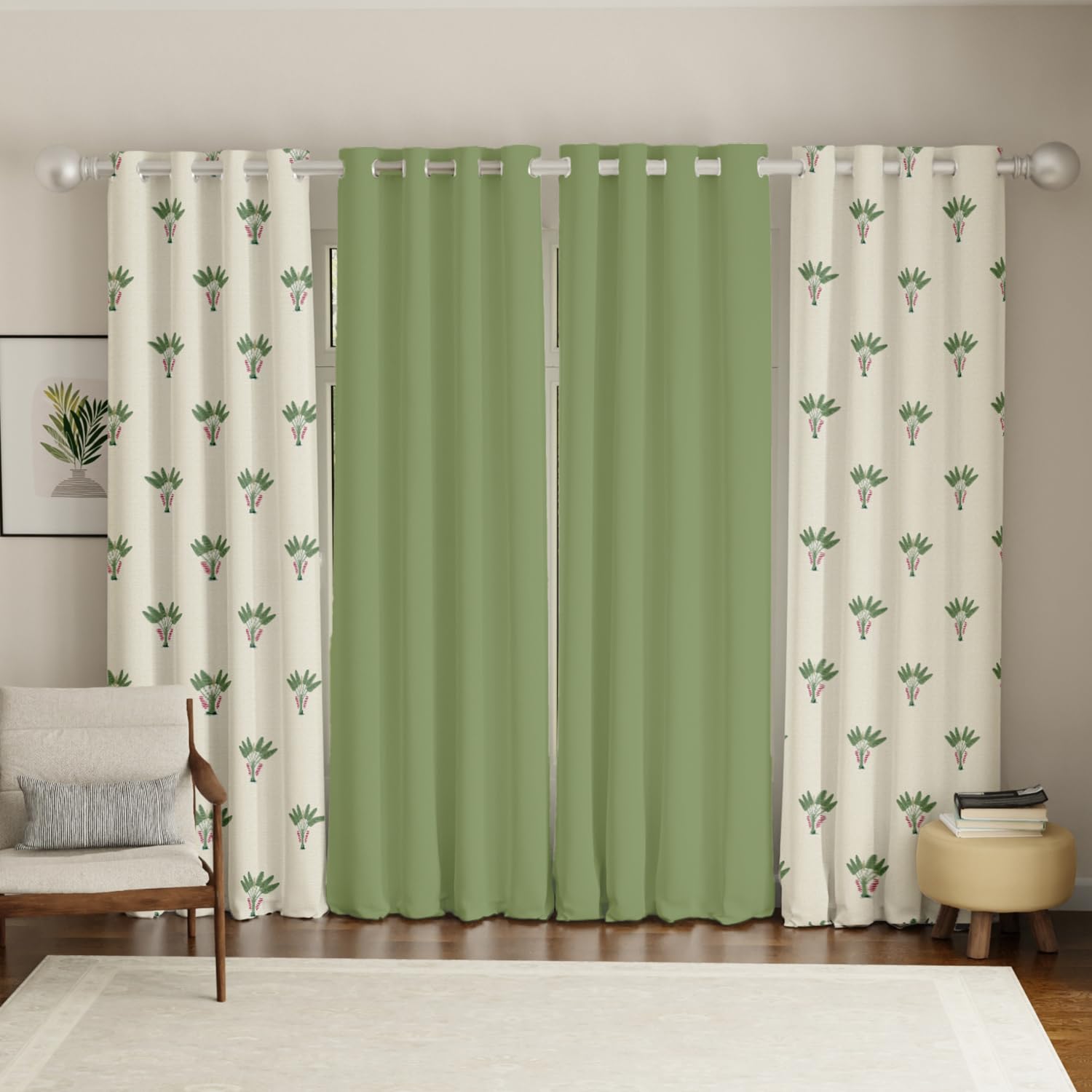 Urban Space 100% Cotton Curtains for Window, Combo Set of 4 Curtains 5 feet Long, 60-65% Room Darkening Curtain, Tieback & Eyelets Included with Curtains for Home décor (Palm Lagoon Green, 5 Feet)-image-20
