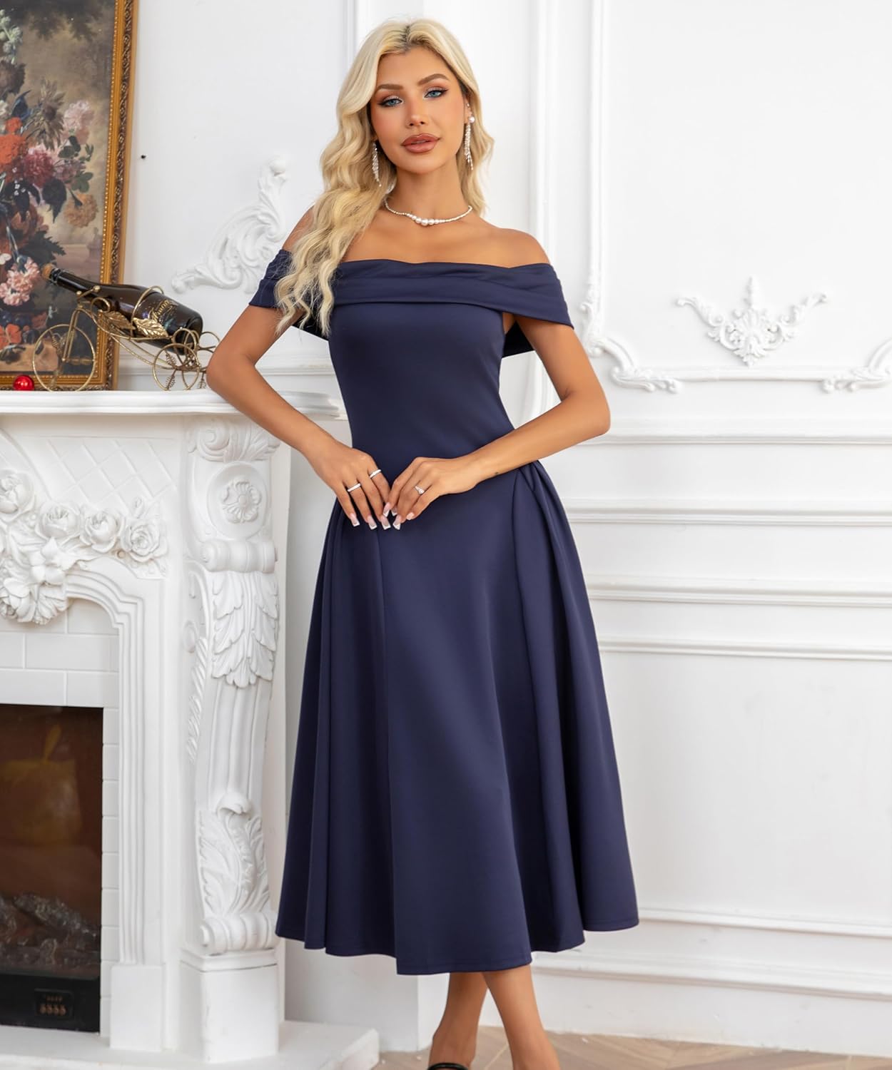 Wellwits Women's Off Shoulder Pleated Vintage Midi Cocktail Formal Dress - Image 6