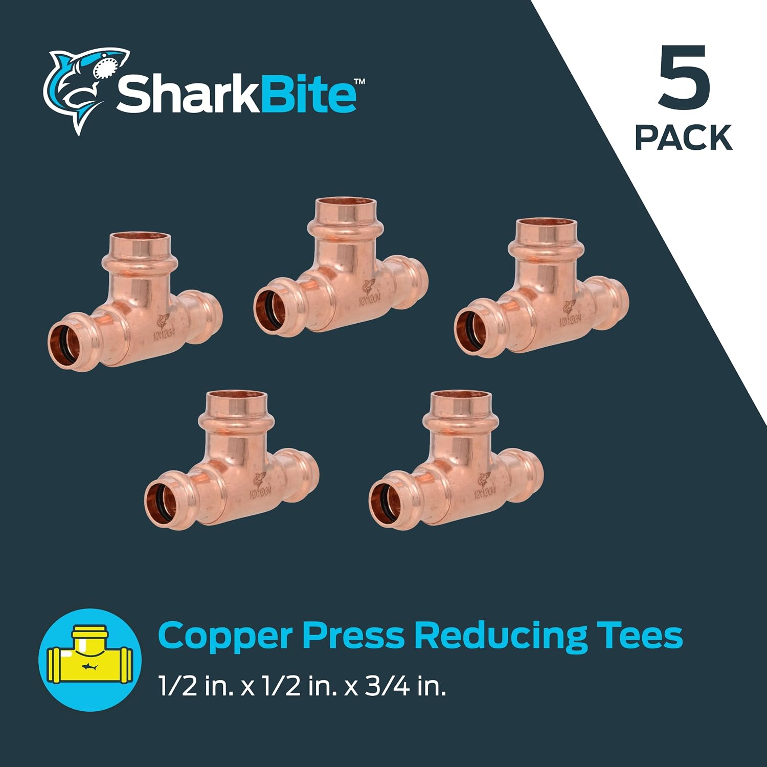 SharkBite 1/2 x 1/2 x 3/4 Inch Reducing Tee, Copper Press Plumbing Fitting, Pack of 5, UPR408X5