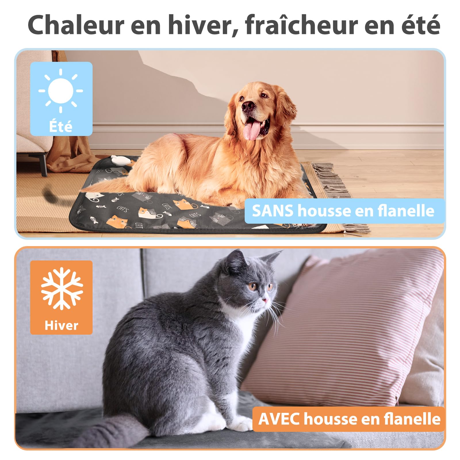 YFFU Tapis Chauffant Chat Chien 70 x 45cm,Anti-morsures Imperméable Couverture Chauffante Chats avec Thermostat et Minuterie,Coussin Chauffant Chat pour Animaux mit Deux Velours Housses