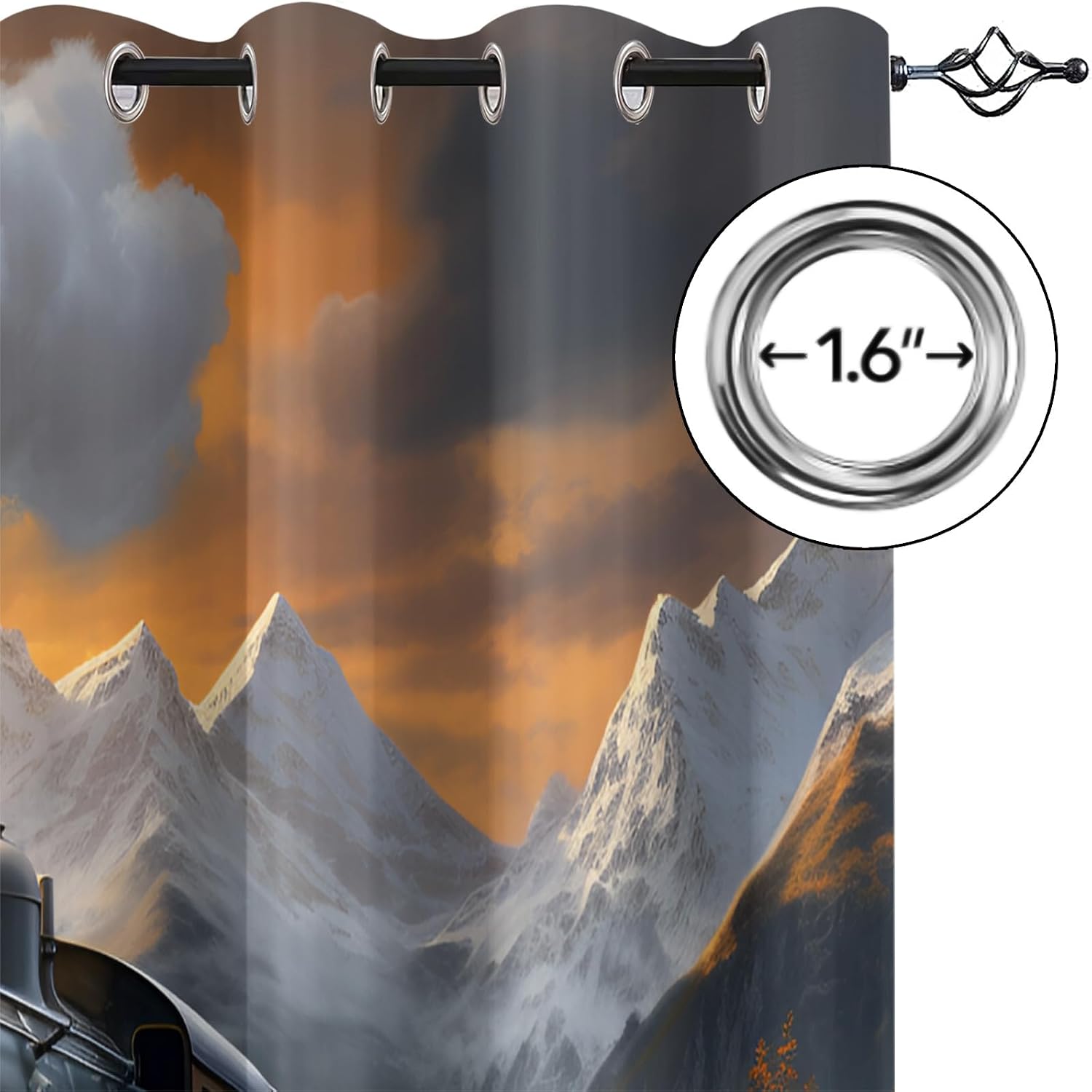 Steam Locomotive Train Blackout Curtains for Bedroom, Steam Train Grommet Window Curtains 40 inch Long, Noise Reducing Drapes for Living Room, Mountain Scenery Drapes, Locomotive Decor, 2 Panels