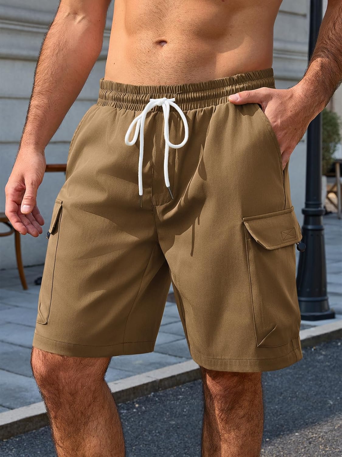 Runcati Mens Cargo Shorts Elastic Waist Drawstring Casual Work Shorts Summer Hiking Outdoor Shorts with 4 Pockets