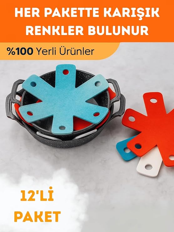 BEYLİNİ Renkli Kalın Tencere Tava Borcam Koruyucu Çizdirmez Elyaf Keçe 12'li 3 Ölçü Tava Koruyucu Çizdirmez