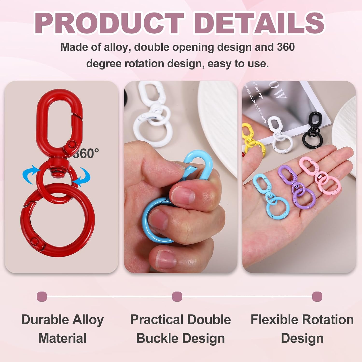 PATIKIL 2.2" Swivel Snap Hooks with Key Rings, 2Pcs Double Opening Metal Oval Swivel Spring Clasp Clip with O Ring for DIY Crafts Jewelry Lanyard Making, Black - Image 3