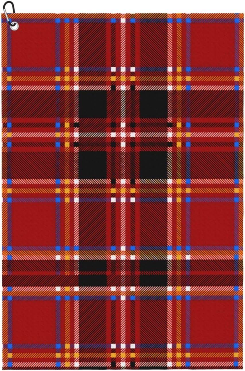 Geometric-with-Contrast-Checkers-and-Stripes-Black-On-White Microfiber Golf Towel with Carabiner Clip, 16x24 Inch Absorbent Waffle Weave Towel for Golf Bags