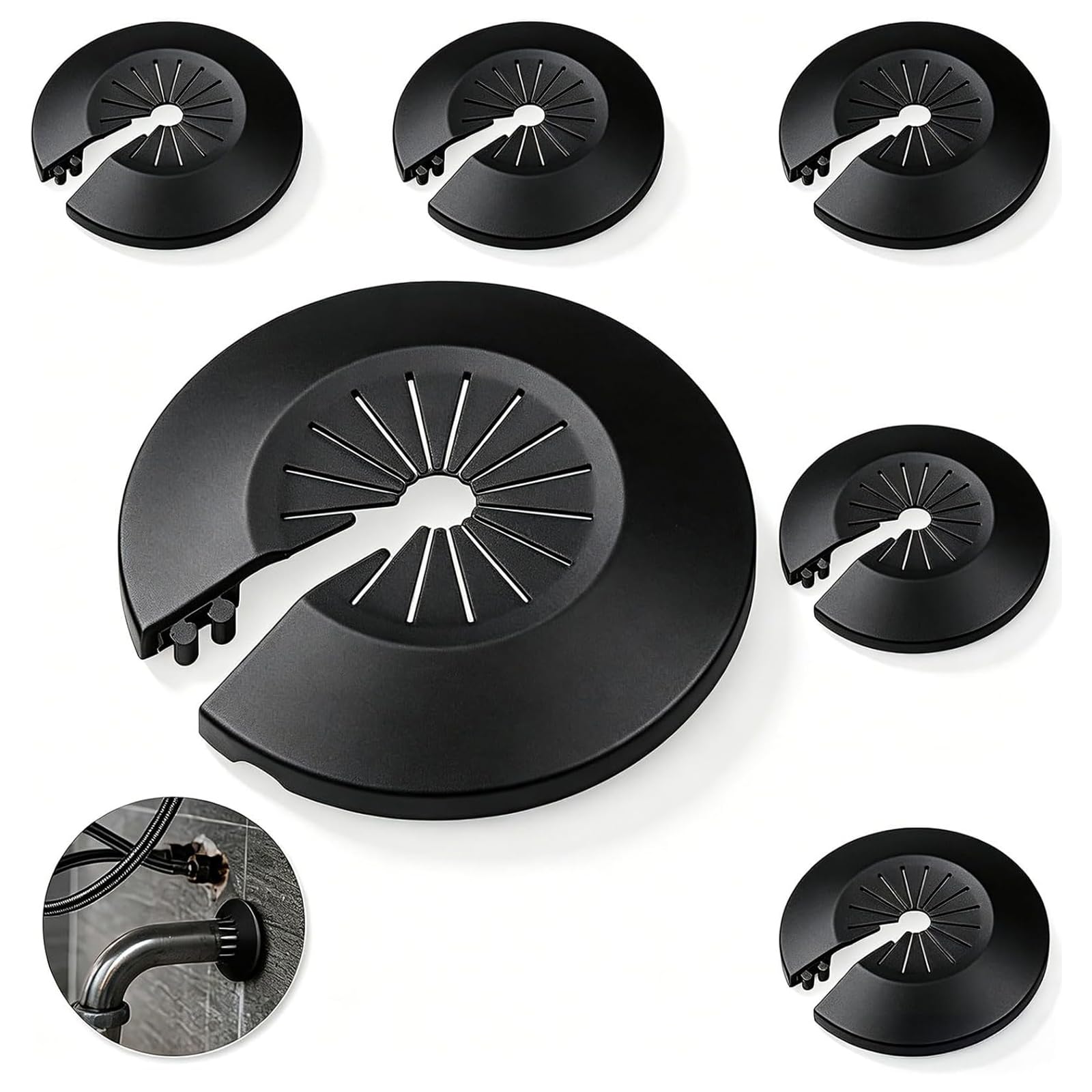 Heizungsrohr Rosetten 6er Set, Flexible Rohrabdeckung zum Aufklipsen, Rohrmanschette für Heizkörperrohr Wasserrohr Wand und Boden, Universal 30-55 mm, Schwarz