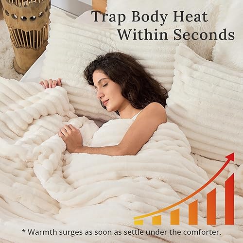 Miniatura 5 de Sasttie Juego de edredón esponjoso tamaño Queen de 3 piezas, súper suave y mullido, color blanco crema, para invierno, cálido ropa de cama de forro