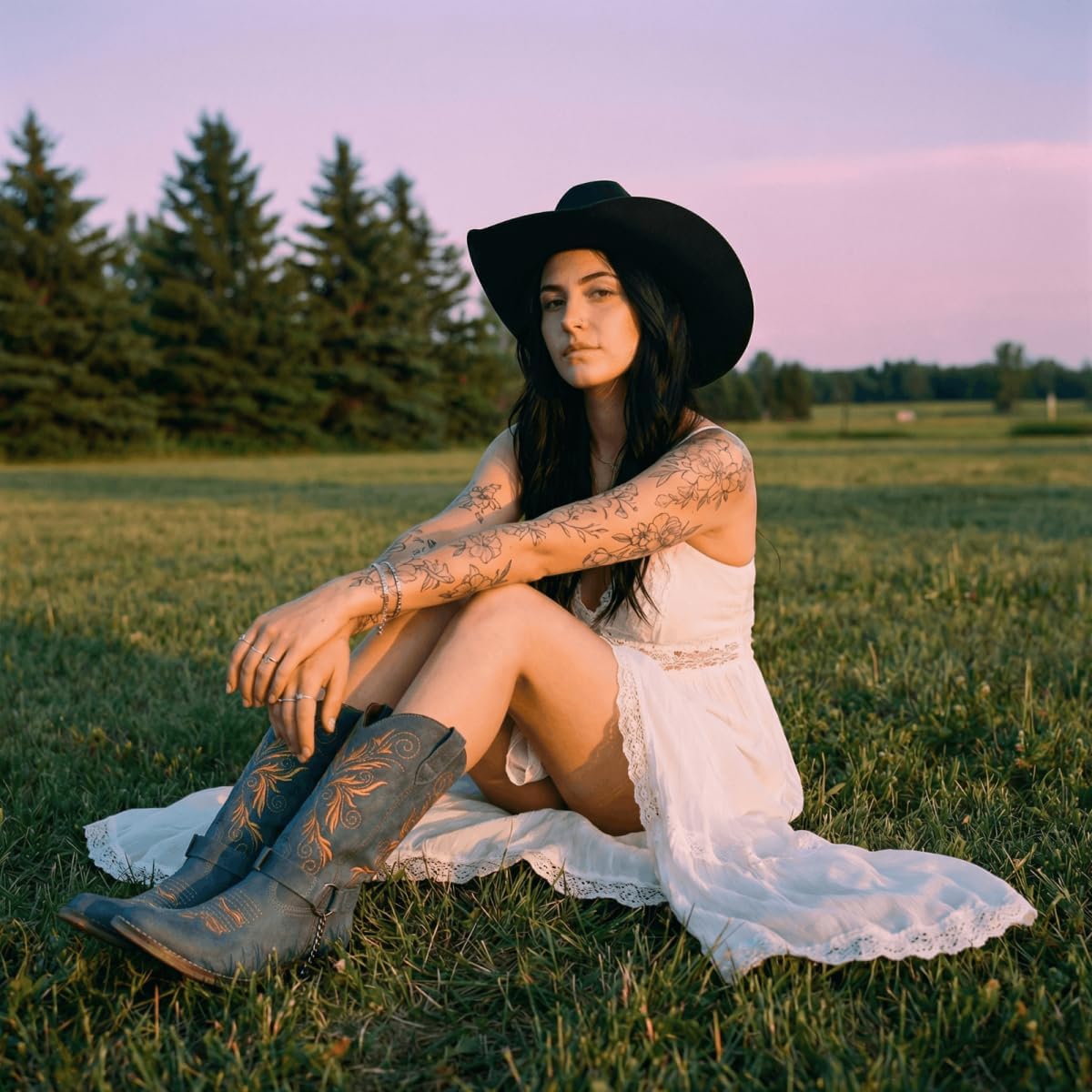 Cowboy Boots Embroidered Mid Calf Removable Belt Low Block Heel Round Toe Western Boots