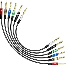 1/4 Inch TS Guitar Patch Cables, Multicolor Dual 6.35mm TS Mono Unbalanced Instrument Cord 1 FT-6 Pack, Unbalanced Gold-Plated Male to Male Pedal Board Cord for Studio,Mixer, Bass,Speaker Pro Audio