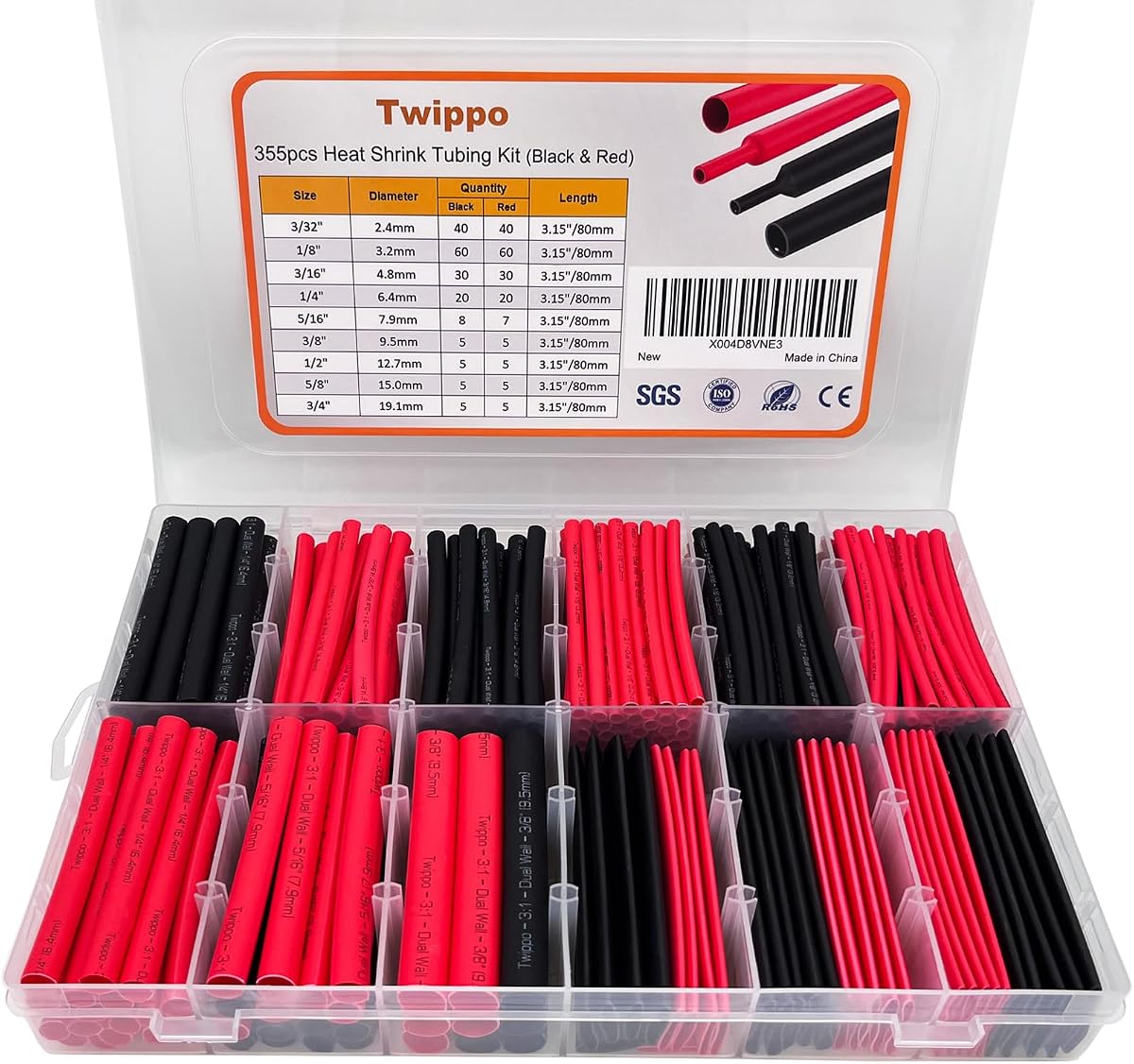 Heat Shrink Tubing Kit 355pcs Shrink Wrap Tube Electrical Wire Connectors | Twippo Marine Grade Waterproof Heat Shrink Terminal - 3:1 Dual Wall Adhesive Lined - 3.15" Length - Black Red
