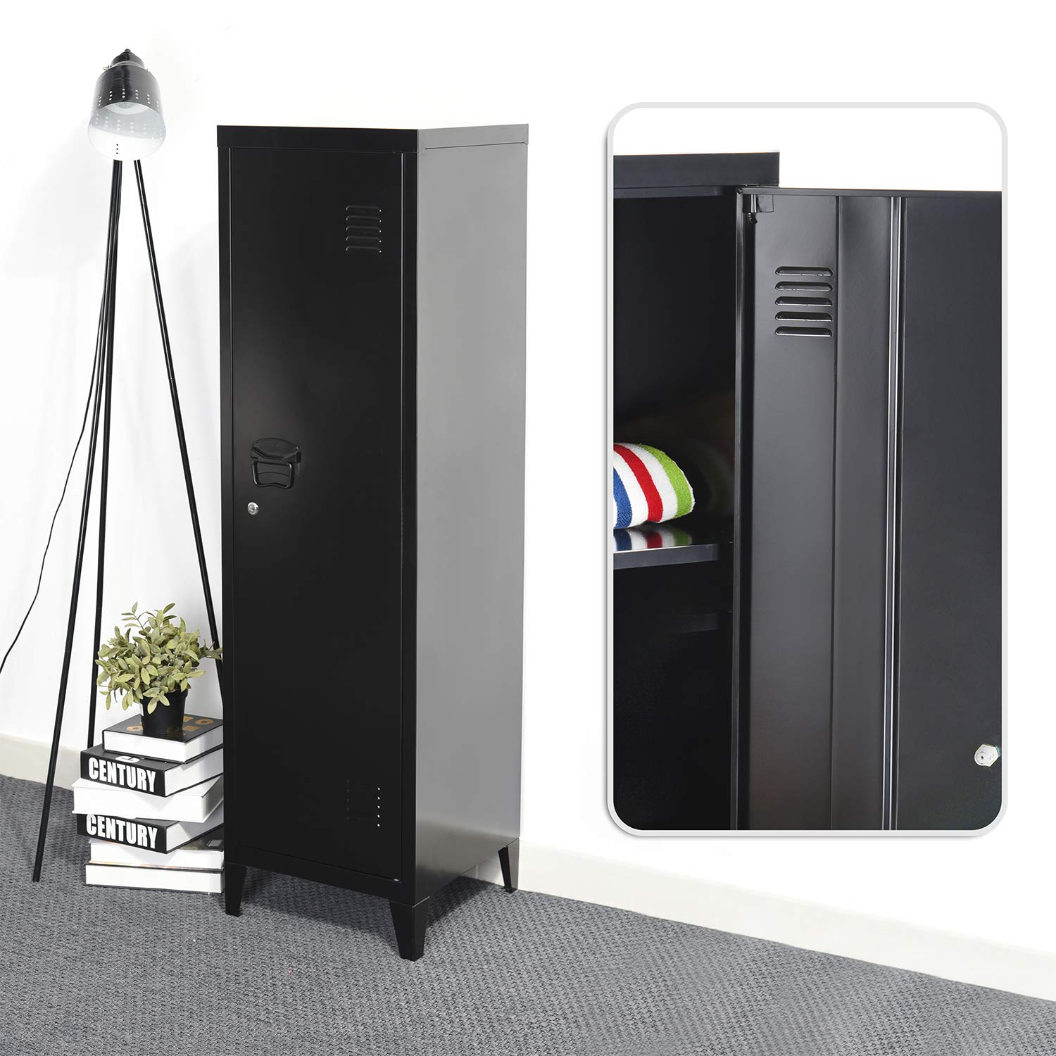 Homy Casa Armario de metal para almacenamiento de archivos de oficina, 3 puertas, armario organizador de armario, soporte de consola 3 en 1, color negro