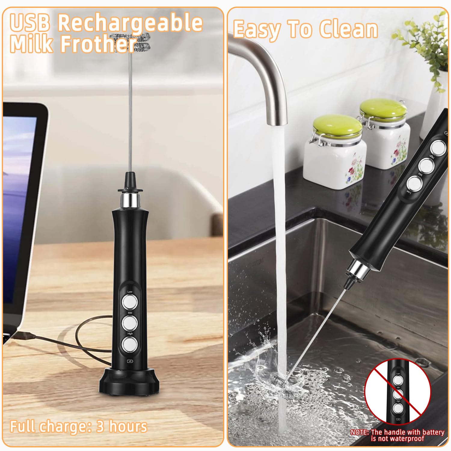 Montalatte Elettrico USB, frullino montalatte con 3 frullino in acciaio inox,3 velocità regolabili,Potente Schiumalatte Elettrico per Caffè, Latte, Cappuccino, Matcha
