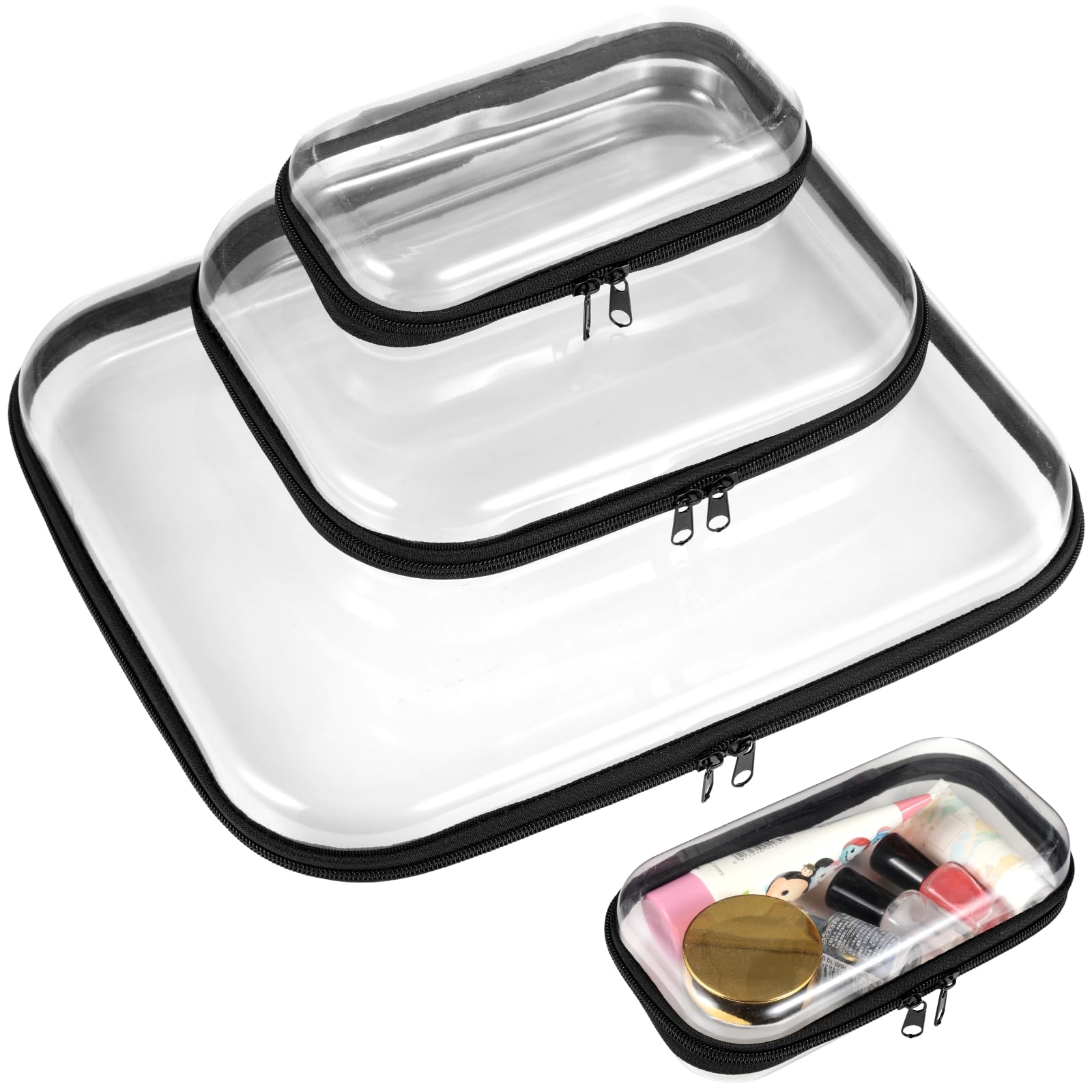 Clear Hard Shell Zipper Case 3 Pcs - Transparent Hard Pouches 3 Sizes, Double Zippered Bags, Portable Zipper Organizer Bins, Waterproof Cosmetic