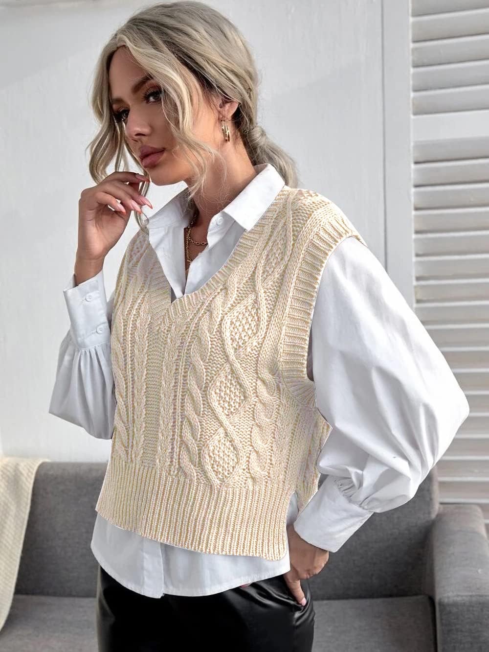 Jumppmile Womens V Neck Sweater Vest Sleeveless Pullover Crop Sweater Vest - Image 4