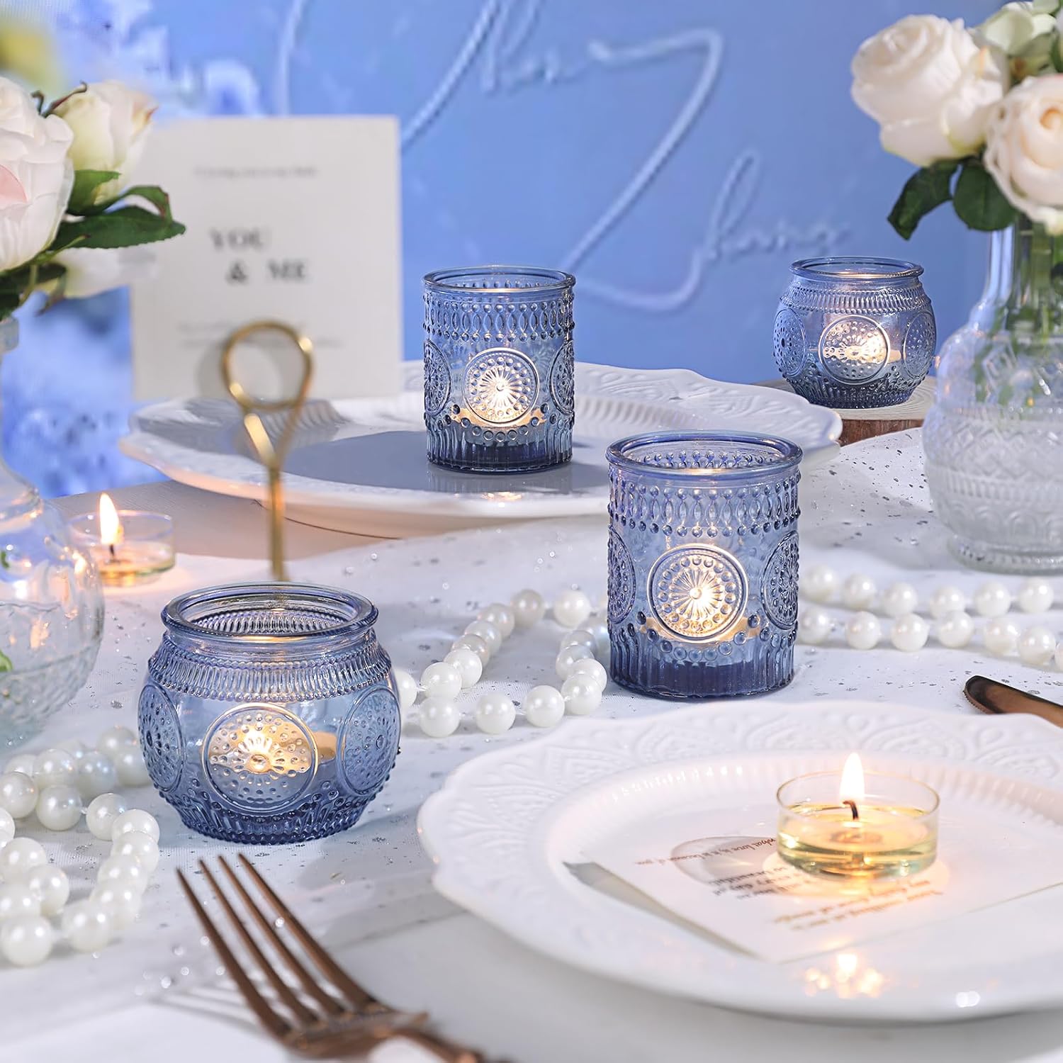 DARJEN 12Pcs Blue Votive Candle Holders - Votive Candle Holders Bulk, Glass Candle Holder for Party Decoration, Tea Lights Candle Holders for Wedding - Image 4