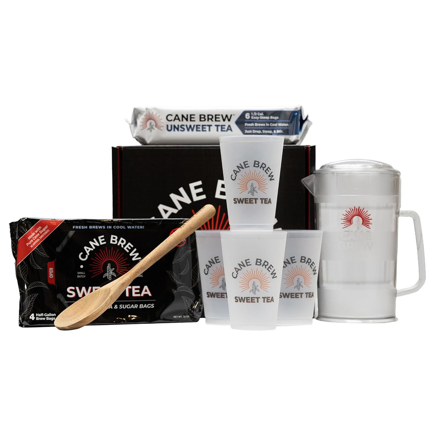 Cane Brew Iced Tea Sampler – Sweet & Unsweetened Gift Set with Pitcher, Spoon, & Cups – Charming Southern Variety Pack for Holidays & Tea Drinkers