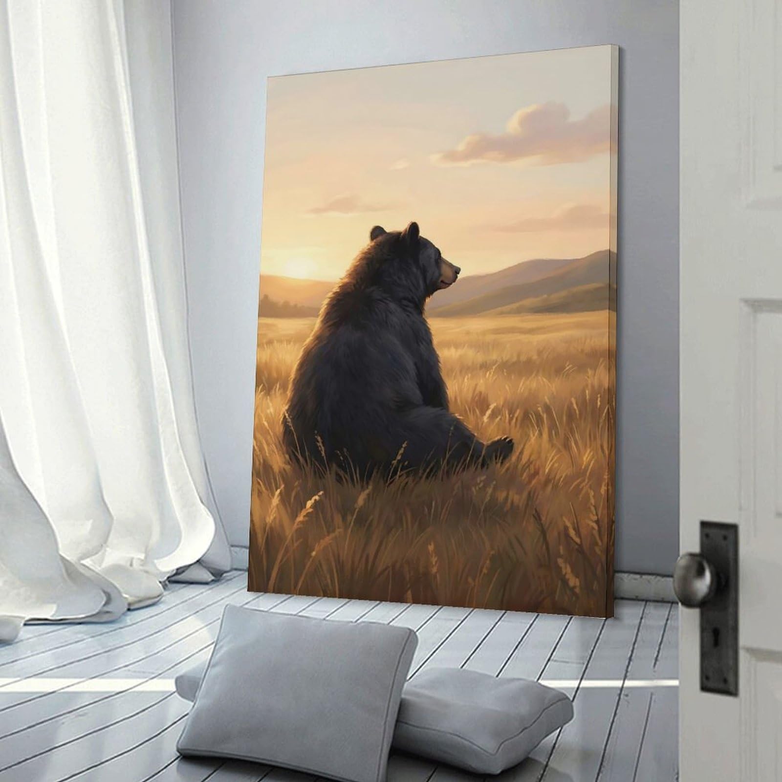 Junmoney Contemplative Bear in Golden Field Home Decor Wall Art 20x30inch(50x75cm), for Office, Study Or Home Workspace, Home Office Artwork with Decorative Appeal