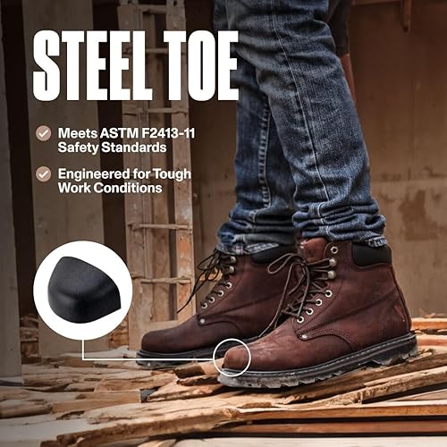 Miniatura 2 de Botas de trabajo para hombre, punta de acero, botas de cuero de 6 pulgadas para trabajo, construcción, zapatos de trabajo de seguridad industrial