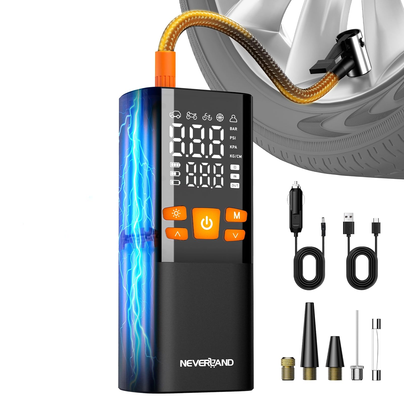 NEVERLAND Fahrradpumpe Elektrische Luftpumpe Akku Kompressor - 150 PSI 16000mAh Tragbare Mini Luftpumpe für Auto, Motorrad, Fahrrad & Bälle, mit Manometer, LED Taschenlampe, Powerbank Funktion