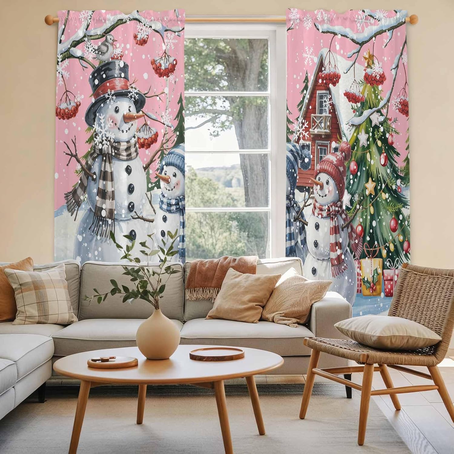 Pink Christmas Window Curtains 72 Inch Long 2 Panel Set, Rod Pocket Long Curtains & Drapes, Xmas Winter Snowman Snowflakes Trees Light Filtering Window Treatment for Bedroom Living Room 52"W x 72"L
