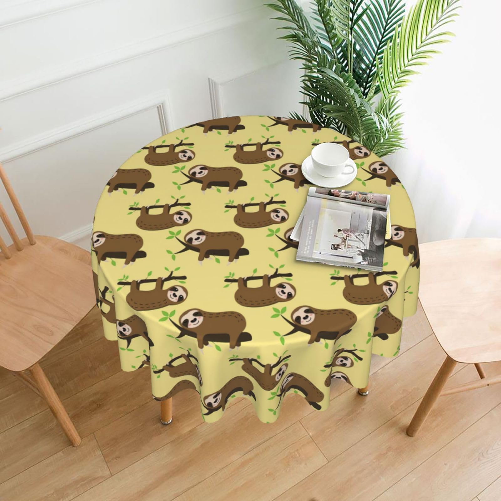 Zcmkjlg Cute sloths on yellow lemons Print Quick Ship Round Tablecloth 60in Polyester Washable Cover for Dining Room