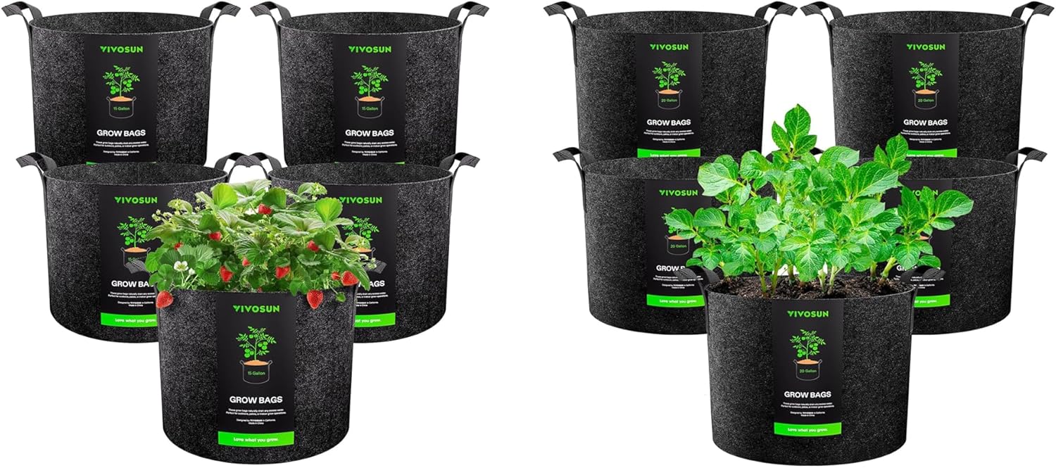 VIVOSUN 5-Pack 15 Gallon Plant Grow Bags and 5-Pack 7 Gallon Plant Grow Bags, Heavy Duty Thickened Nonwoven Fabric Pots with Handles