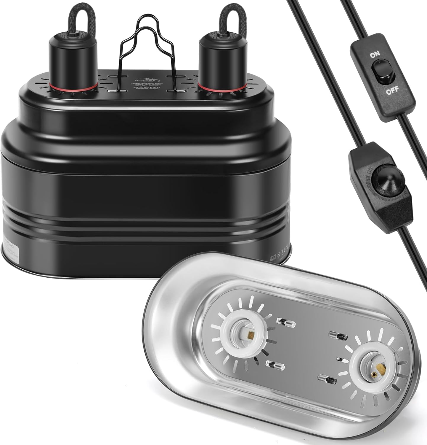 Dual Reptile Light Fixture with Thermostat Switch and Independent Switch, Deep Dome Reptile Heat Lamp Fixture Optical Reflector Lampshade for Bearded Dragon, Amphibians, Tortoise (Max 100W)