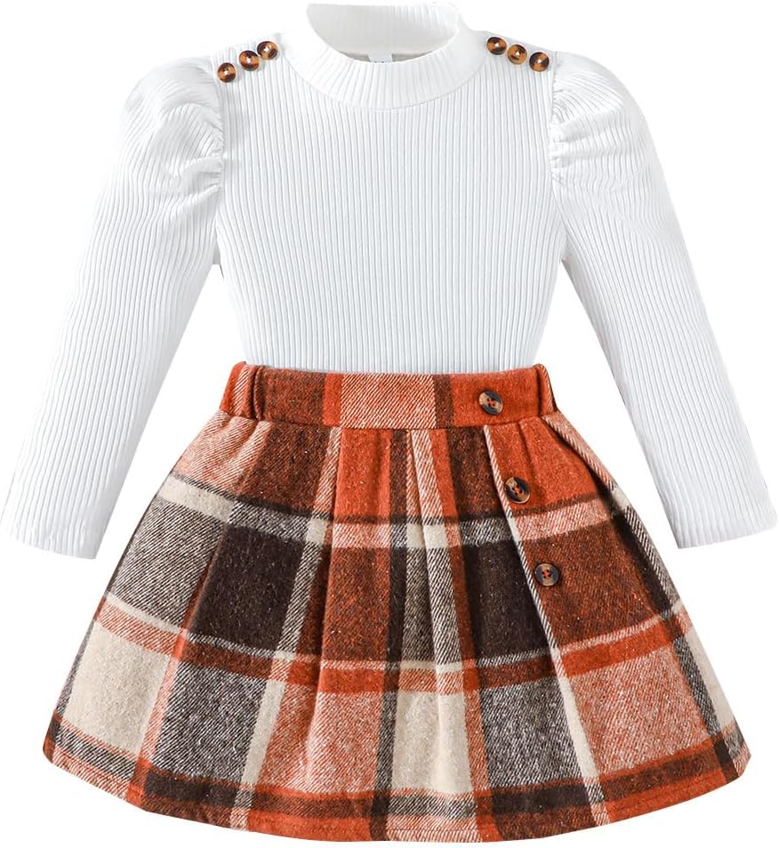 Toddler Girl Clothes,Girls Clothes Skirt Set Puff Sleeve Tops + Plaid Skirt 2 Pcs Fall Winter Outfits