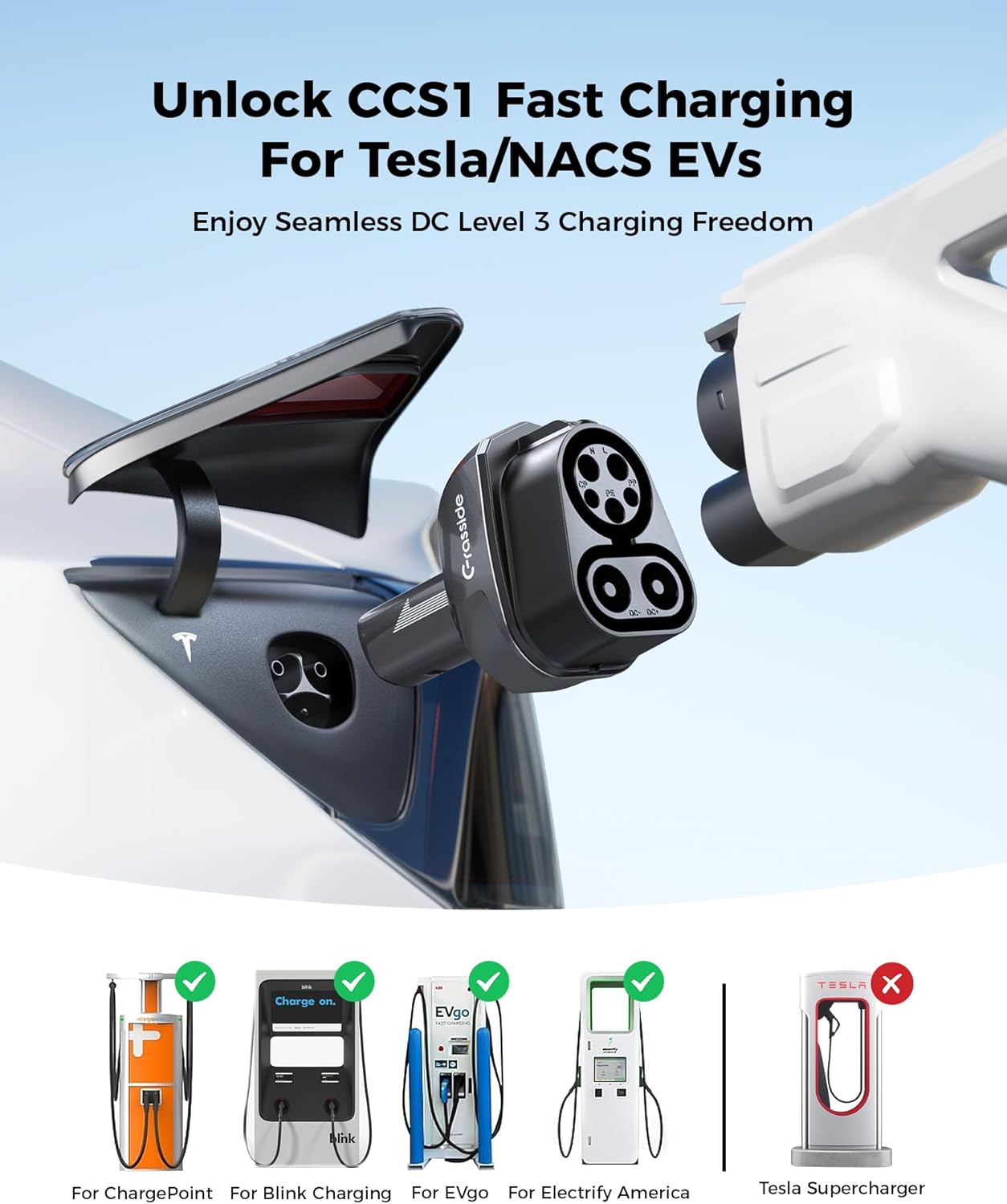 Upgraded CCS1 to Tesla Charger Adapter, 250KW Superfast DC Charging for All Tesla Models(2021-2026)/Cybertruck/NACS EVs, CCS to NACS, Works with Level 3 Charging Station with CCS1 Plug(DC Only)