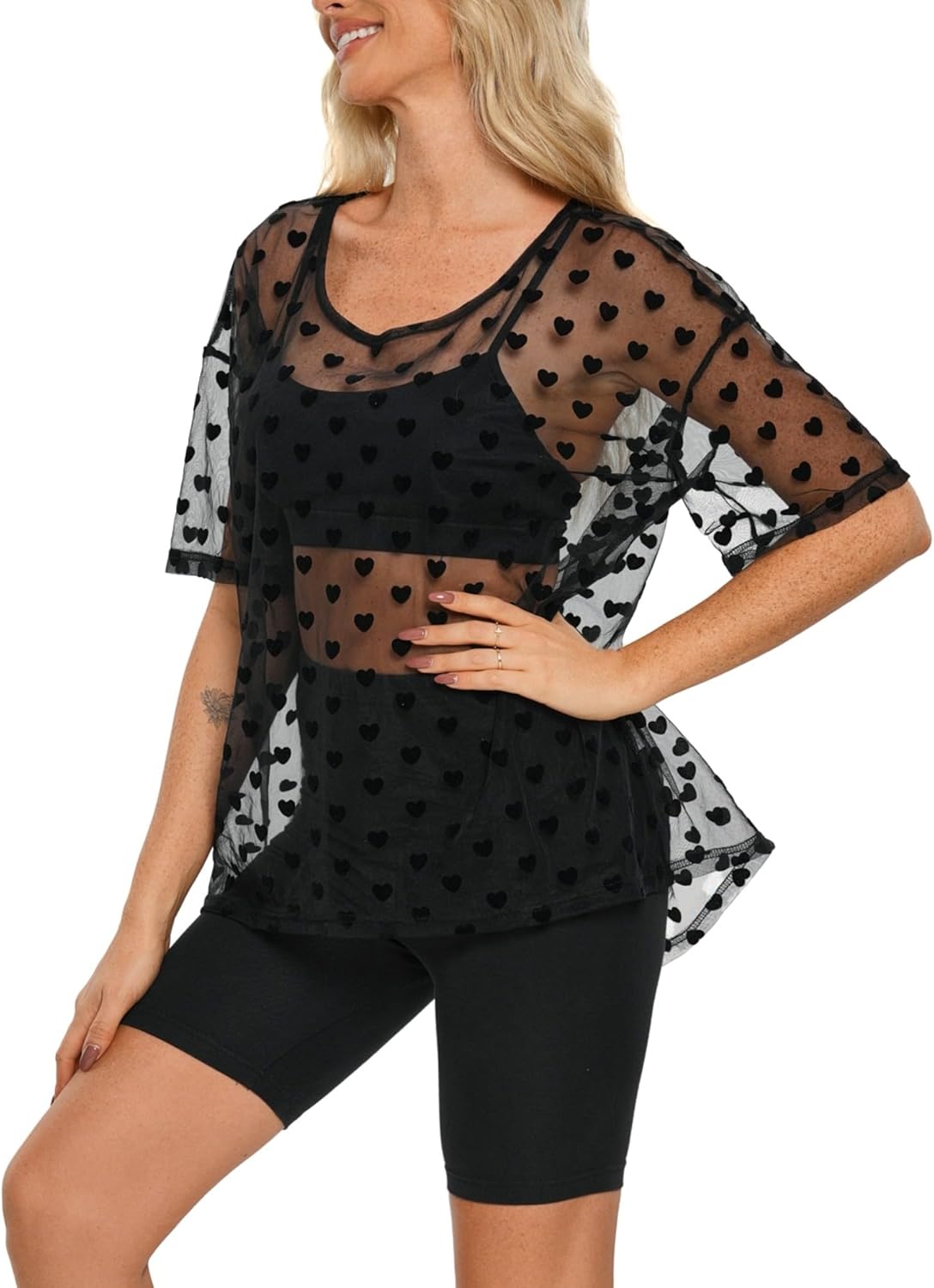 Womens Oversized T Shirts Short Sleeve Mesh Top Sheer Blouse See Through Glitter Tops Y2K Clubwear - Image 3