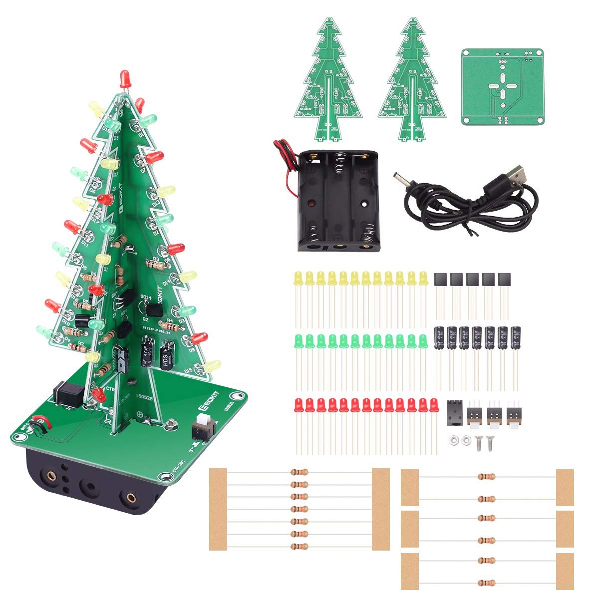 ISIcstation DIY 3D Chrtmas Tree Kit with 3 Color Flashing LED for Electronics Solder Practice Fun Gift 5V