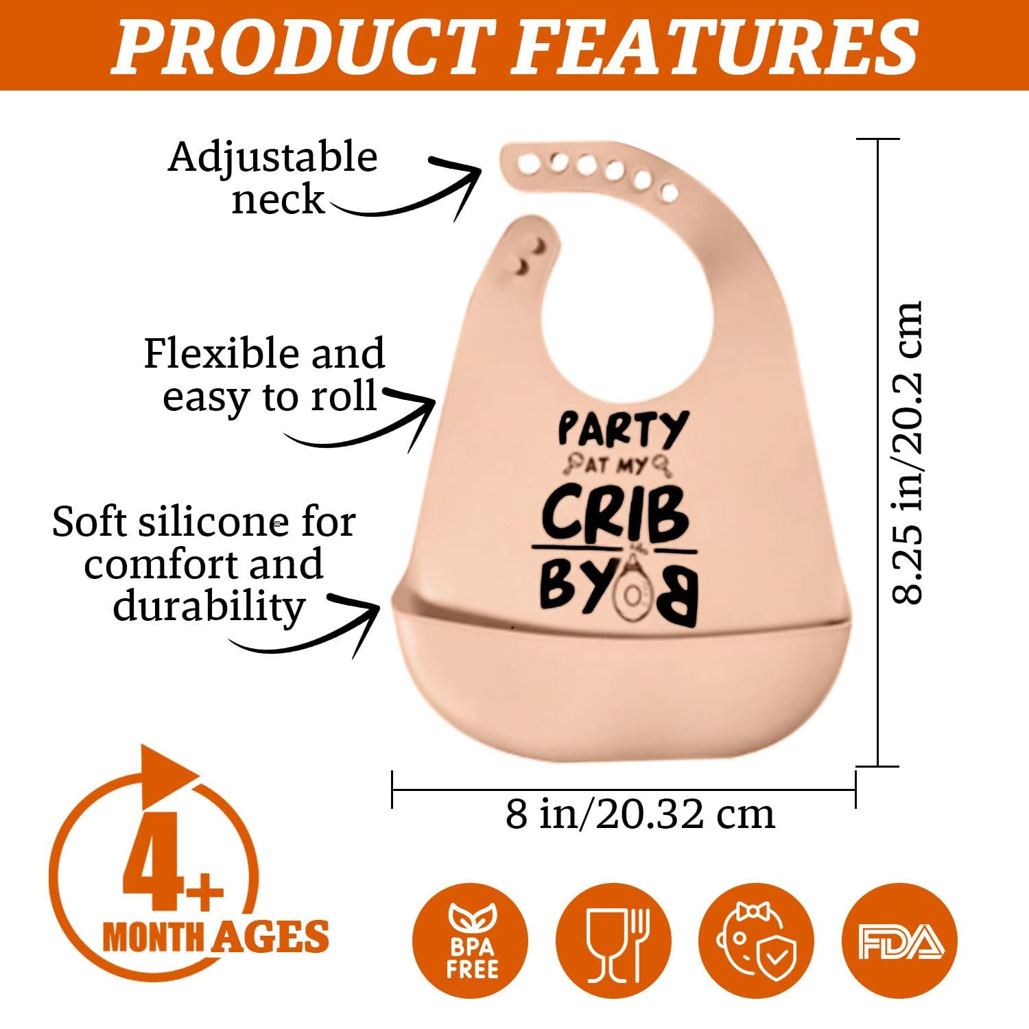 Silicon Baby Bib inParty at My Crib BYOB in Unisex, BPA Free, Tan With Black Print, One Size