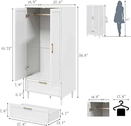 Miniatura 2 de Armario de Dormitorio, Clóset con Barra Colgante, Armario de 60" con 2 Puertas para Ropa con Cajones, Armario de Almacenamiento Moderno, Blanco