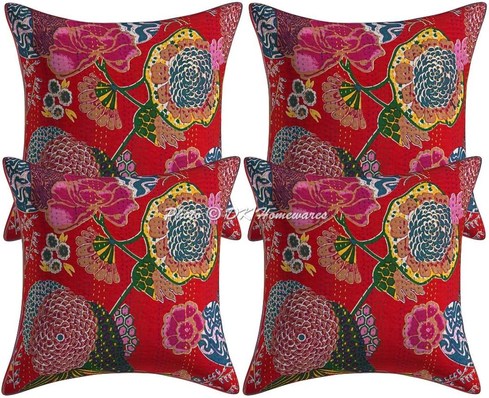 Ethnic Decorative Toss Throw Pillow Covers 16 x 16 Inch Cotton Kantha Tropicana Boho Square Accent Cushion Covers (Size - 40x40 cm ; Color: Red) - Set of 4 Pcs (Cover Only)