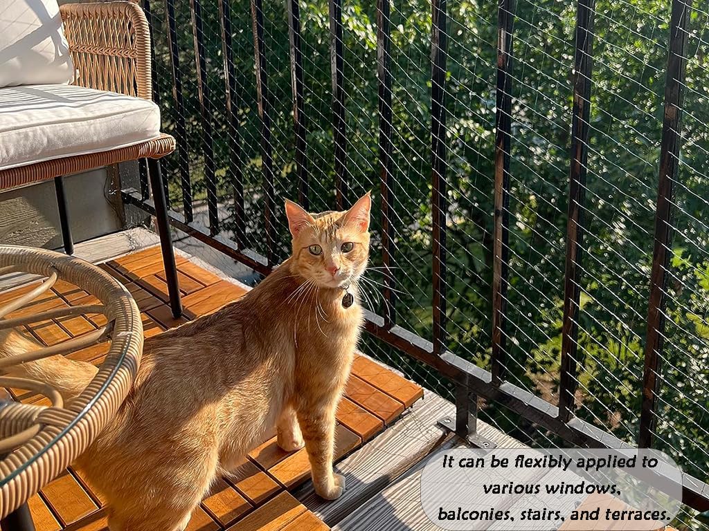 JUNFLYING Cat Netting Balcony 10x26 FT, Wire-Free Pet Protection Mesh for Fall Prevention, Heavy-Duty Catio Screen Barrier for Apartment, Window, Staircase, Terrace and Patio