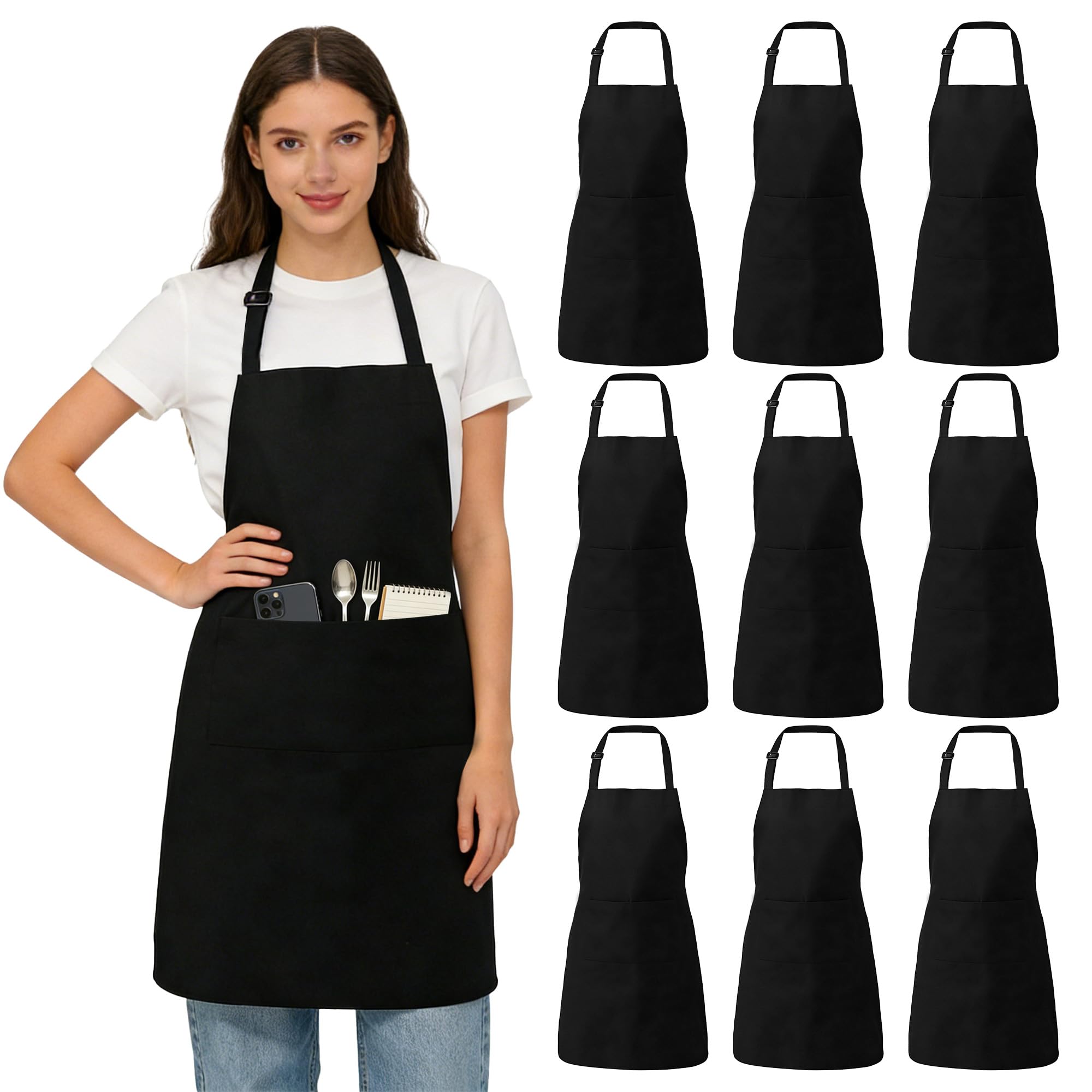 WENLISELL 10 Pack Black Adjustable Chef Apron, Unisex Kitchen Apron with 2 Pockets, Chef Apron for Cooking, Catering, Restaurant โ image 1
