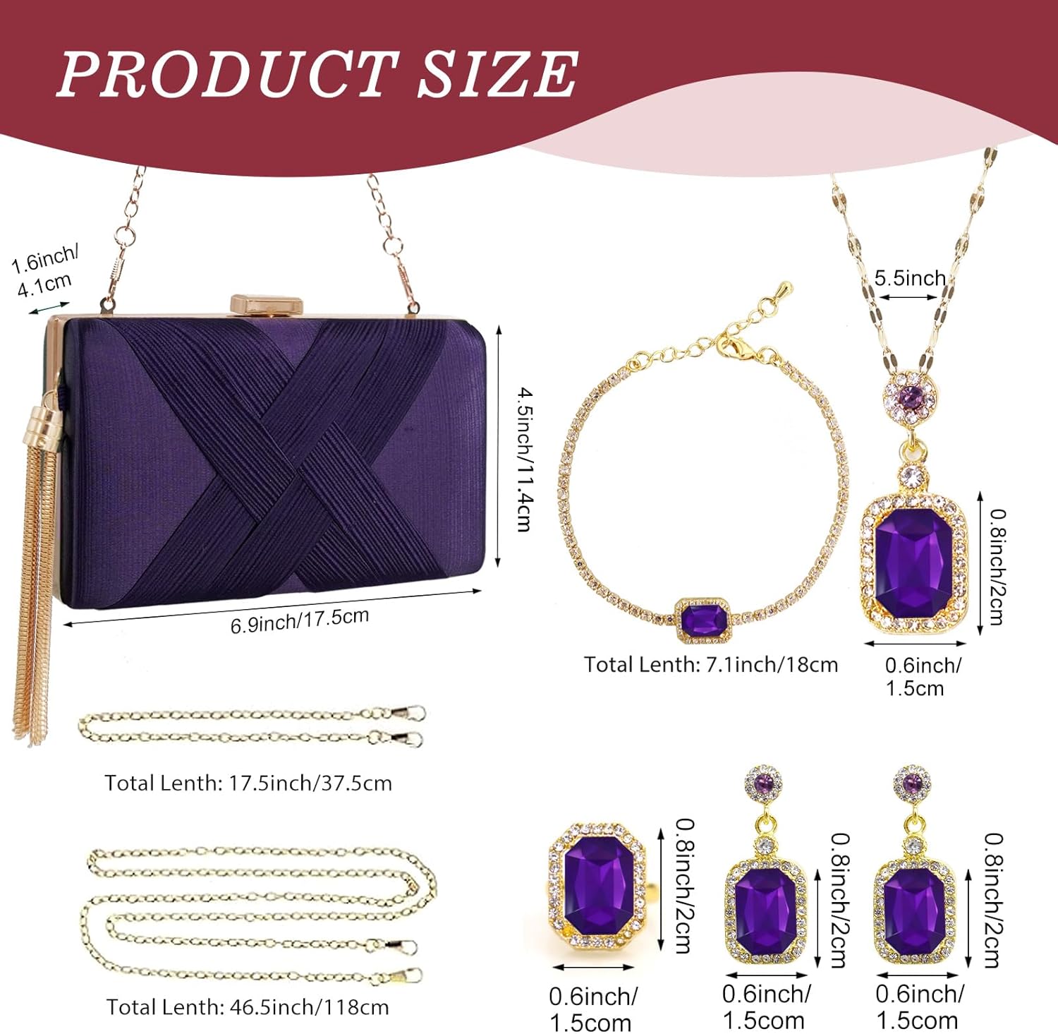5 Pcs Clutch Purses for Women Jewelry Set Handbag with Necklace Earrings Ring Bracelet Vintage Banquet Handbag with Detachable Chain for Wedding Party Gift Supplies