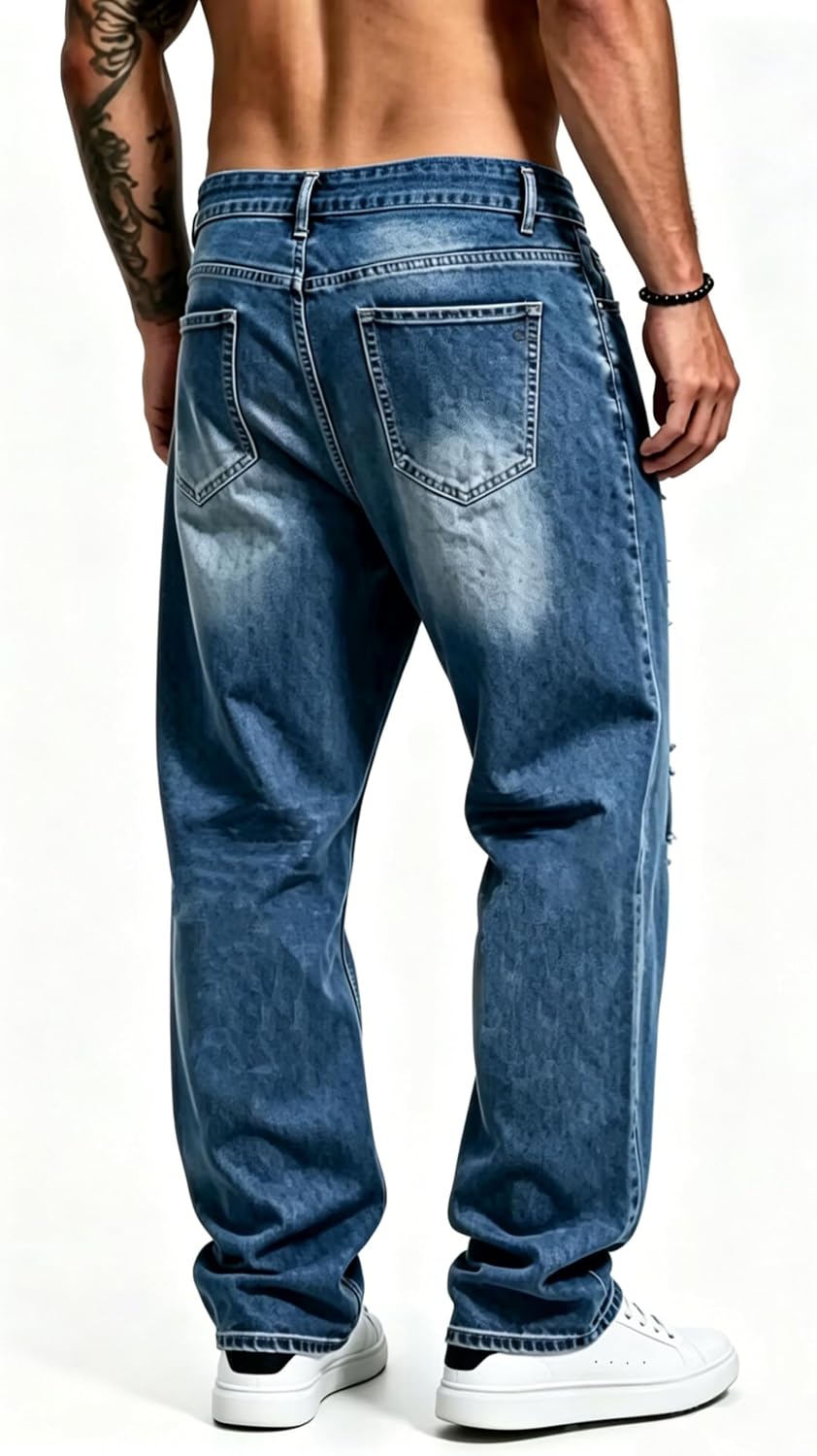 Men's Baggy Jeans Relaxed Fit Ripped Jeans Y2K Wide Leg Distressed Oversized Denim Pants