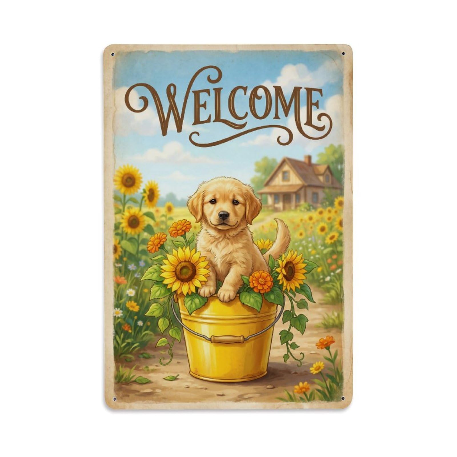 Vintage Welcome Puppy Sunny Day Metal Tin Sign
